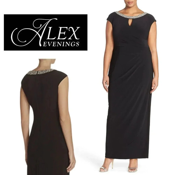 Alex Evenings, Beaded Neck Ruched Gown, Black, Size 14 Petite - Picture 1 of 8